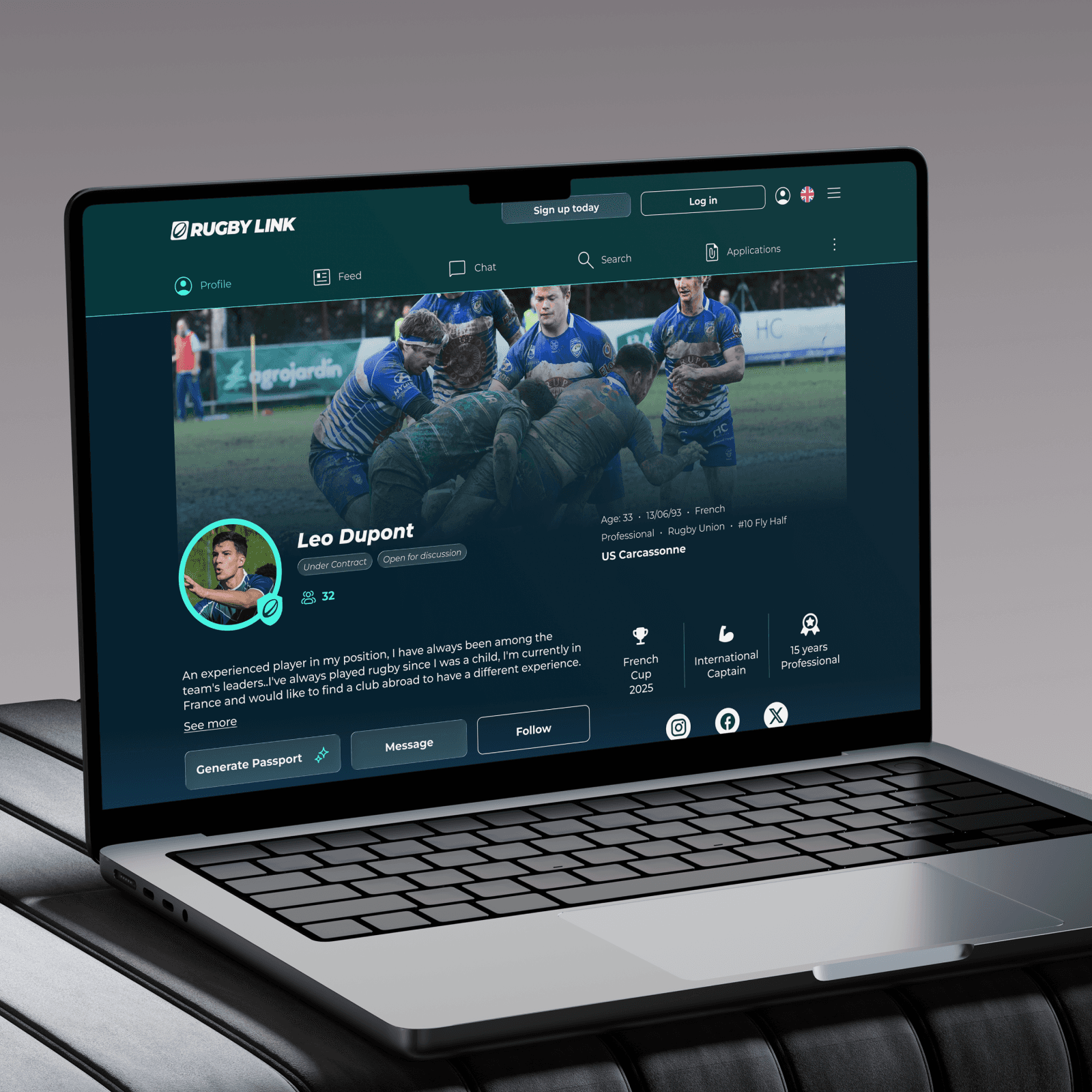 Rugby Link website profile on a laptop