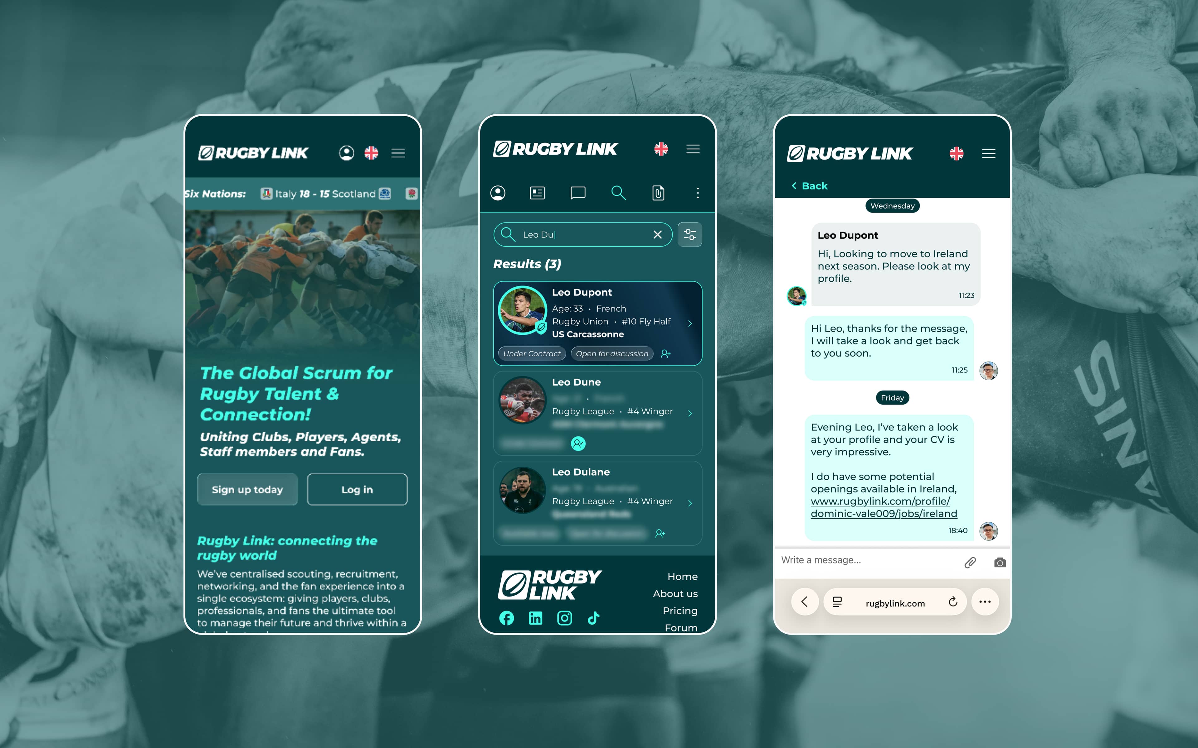 Rugby Link on mobile phone