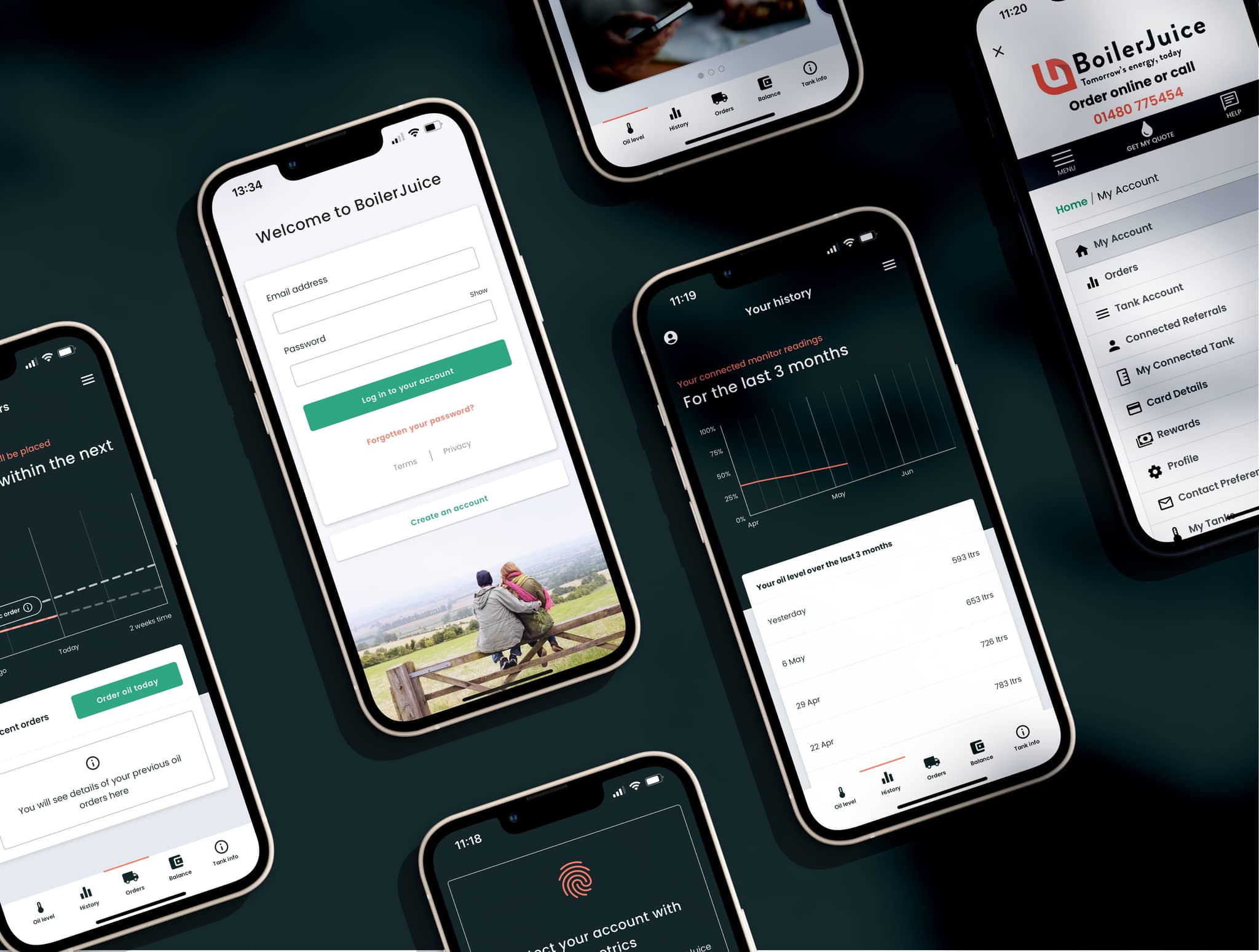 Boiler Juice App Screens on iPhones at an angle
