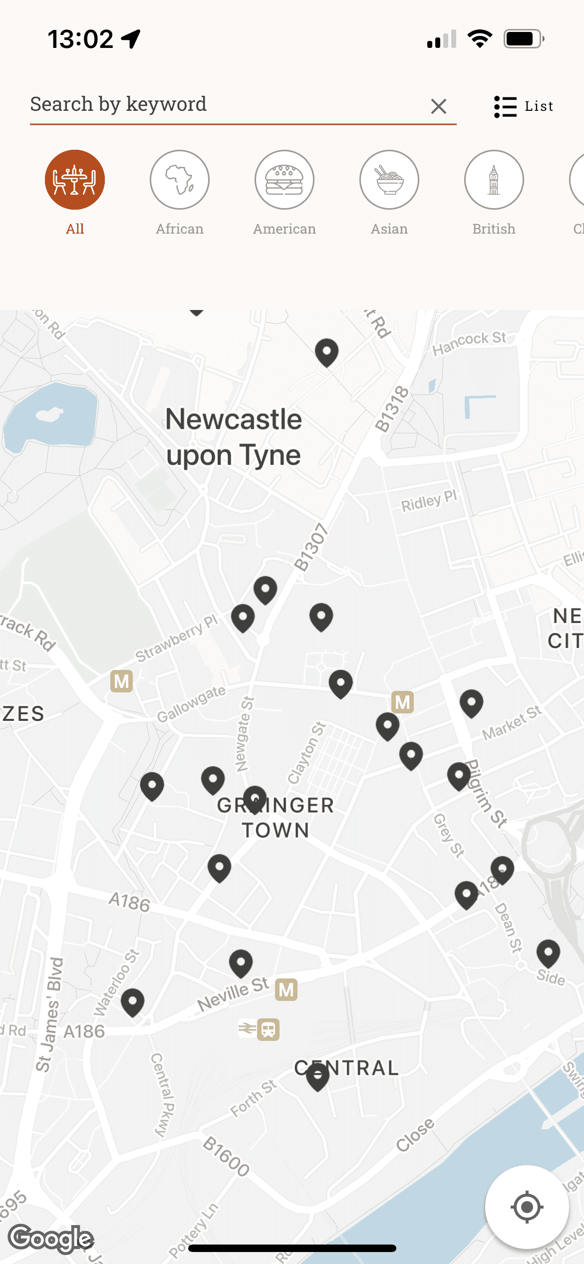 Coeliac UK app map screen