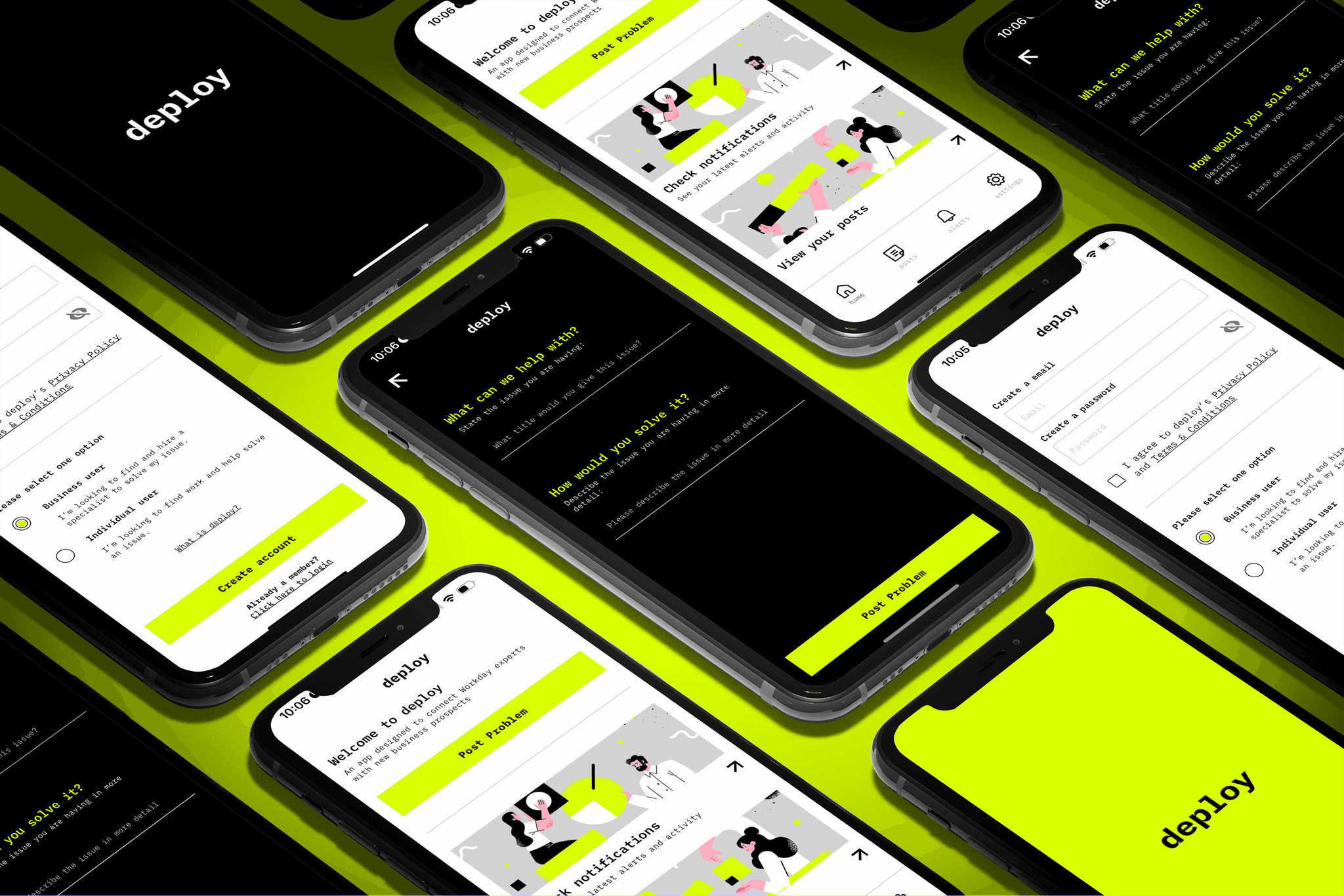 Deploy app screens displayed on iphones in pattern