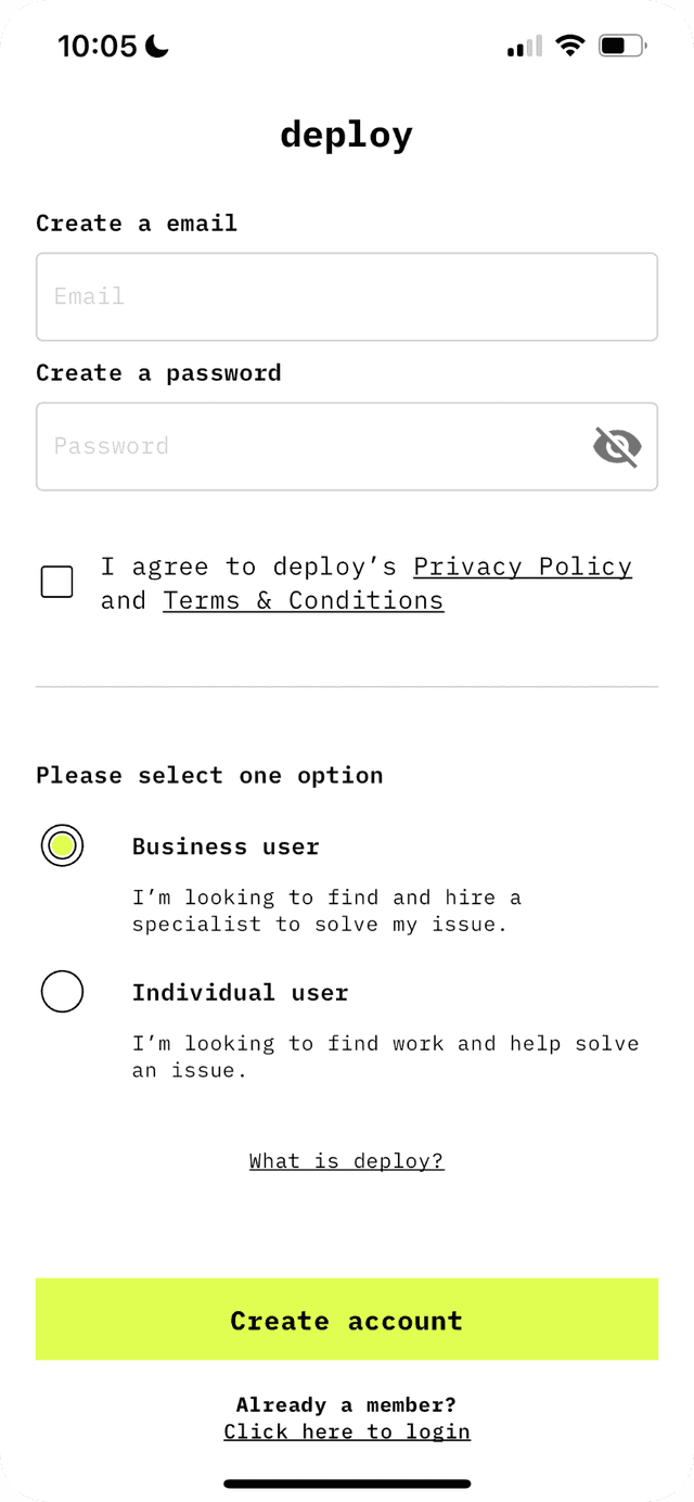 Deploy App login screen