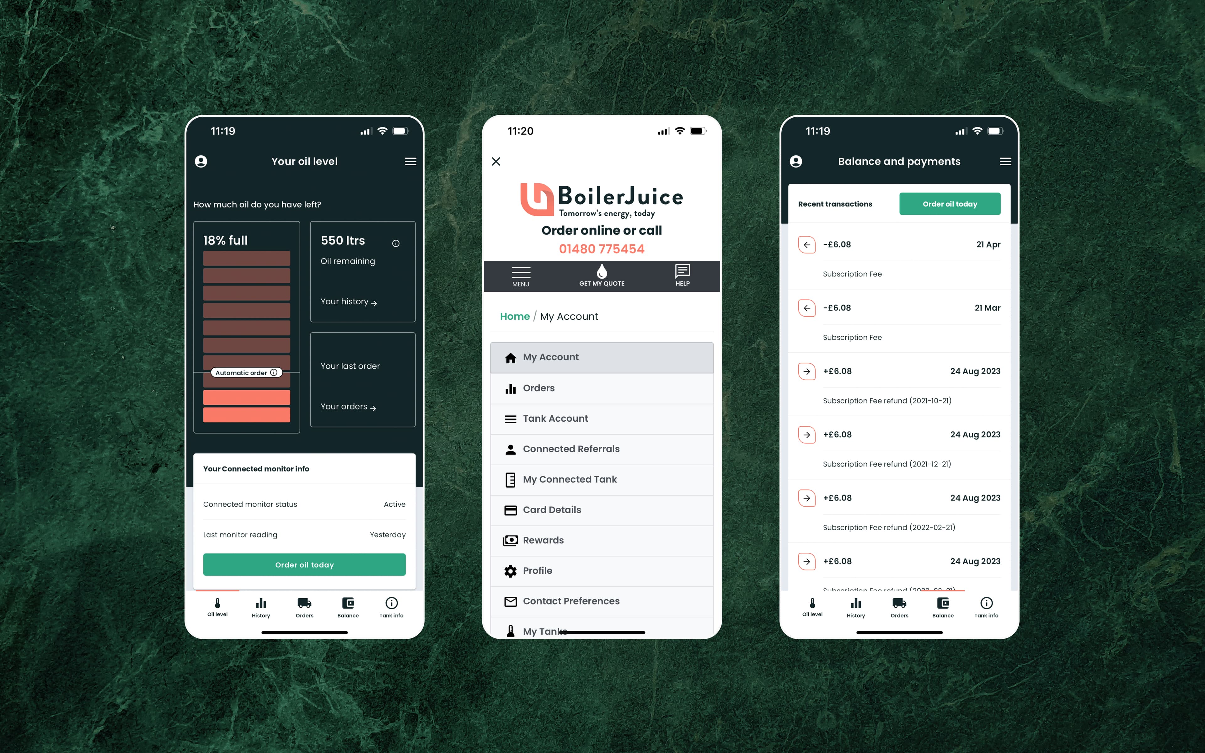 Boiler Juice App Screens on dark background