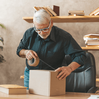 A man taping a brown box up